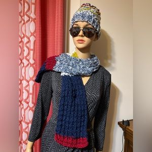 Hand knitted matching color block scarf and hat. Soft and easy to wear.